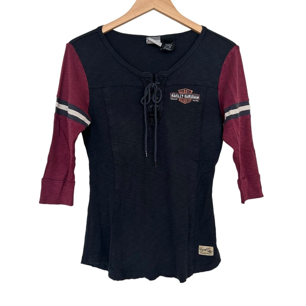 Harley Davidson Black Maroon 3/4 Sleeve Baseball Shirt Sz M